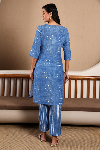 W for Woman Blue Polka Dot Printed Pure Cotton Straight Kurta and Pants Co-ord Set