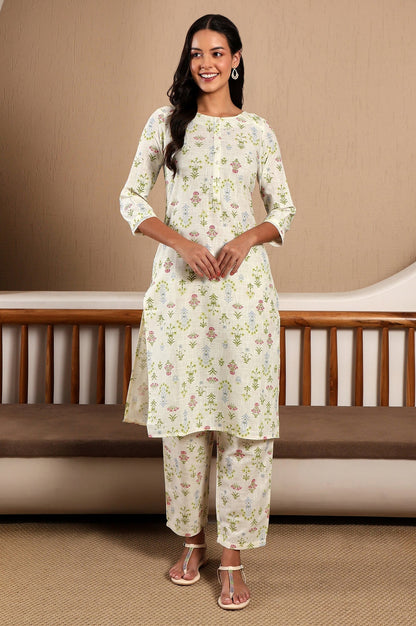 W for Woman White Floral Printed Pure Cotton Straight Kurta and Pants Co-ord Set