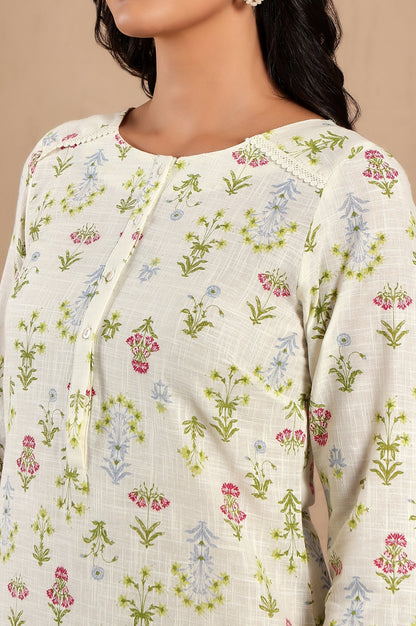 W for Woman White Floral Printed Pure Cotton Straight Kurta and Pants Co-ord Set