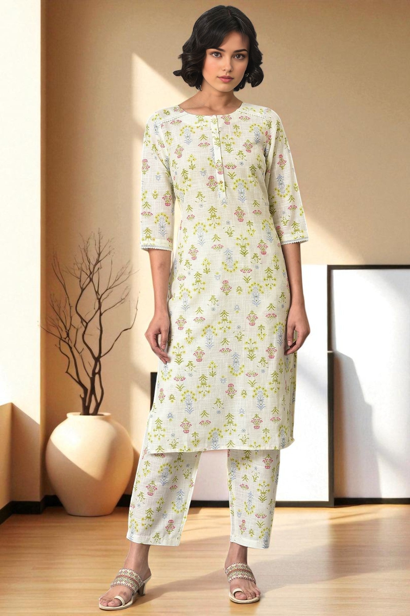 W for Woman White Floral Printed Pure Cotton Straight Kurta and Pants Co-ord Set