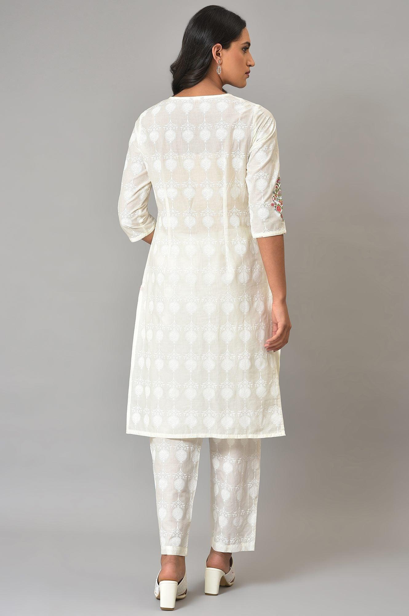 W for Woman White Embroidered kurta And Pants Co-Ord Sets