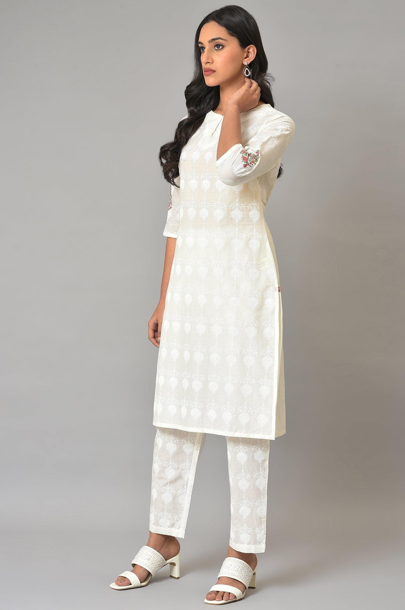 W for Woman White Embroidered kurta And Pants Co-Ord Sets
