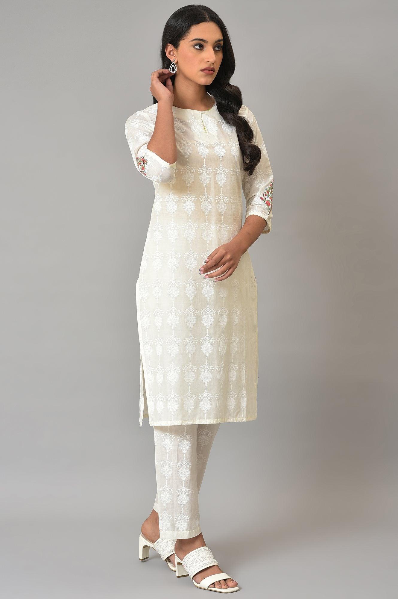 W for Woman White Embroidered kurta And Pants Co-Ord Sets
