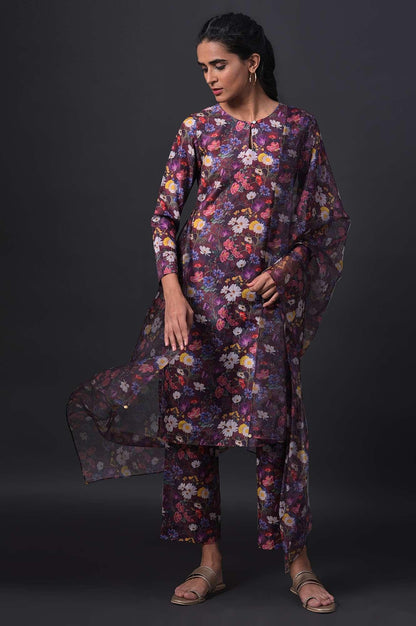 W for Woman Dark Red Floral Print kurta With Straight Pants And Organza Dupatta