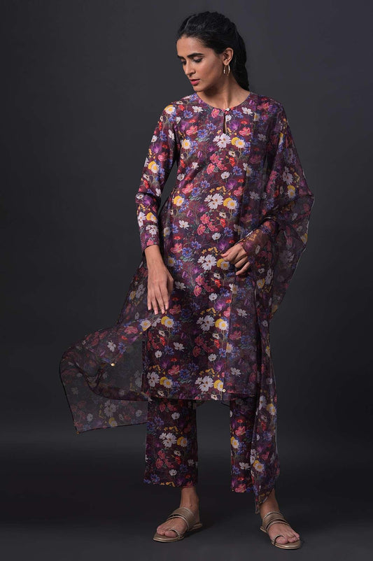 W for Woman Dark Red Floral Print kurta With Straight Pants And Organza Dupatta