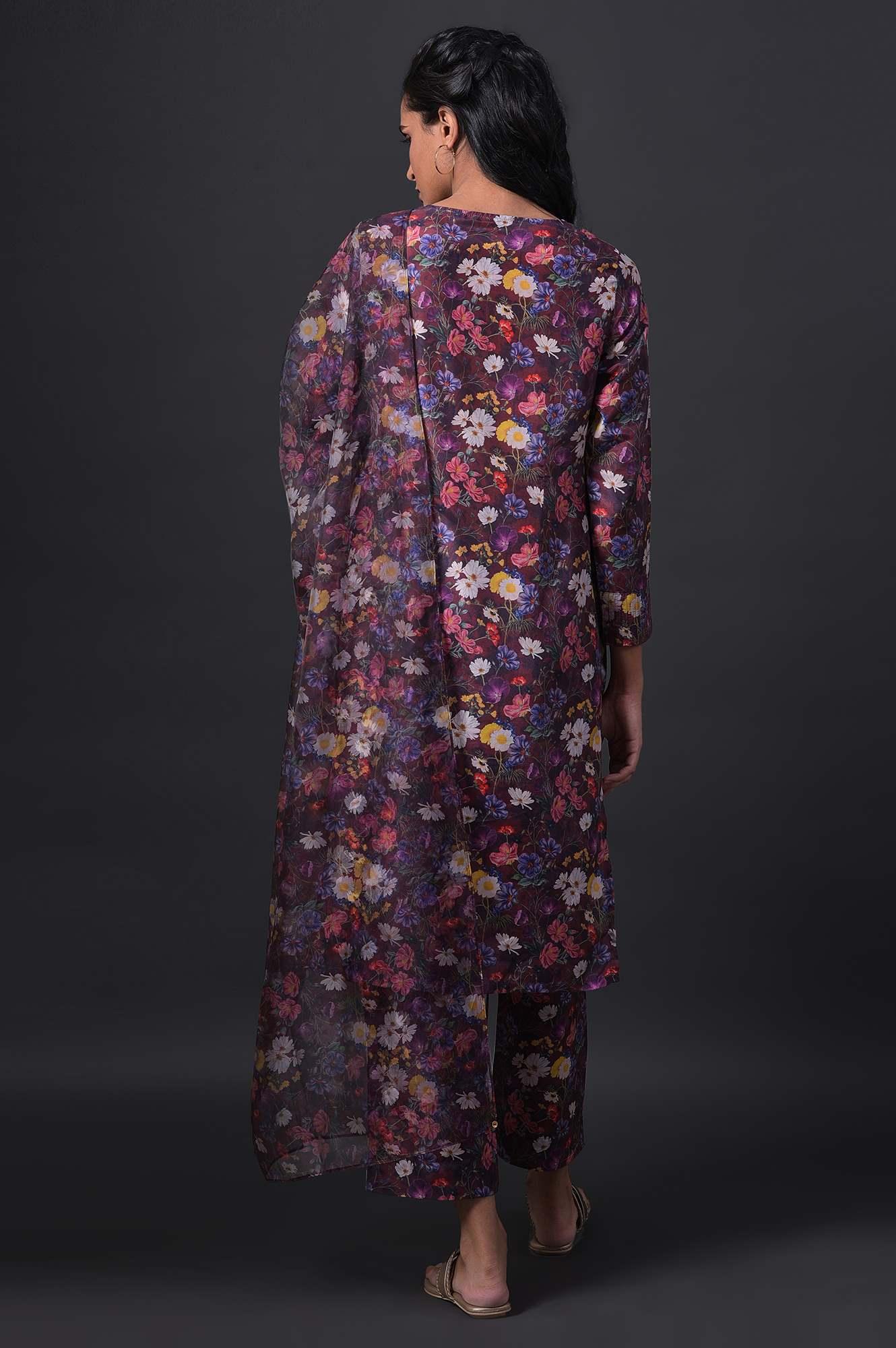 W for Woman Dark Red Floral Print kurta With Straight Pants And Organza Dupatta