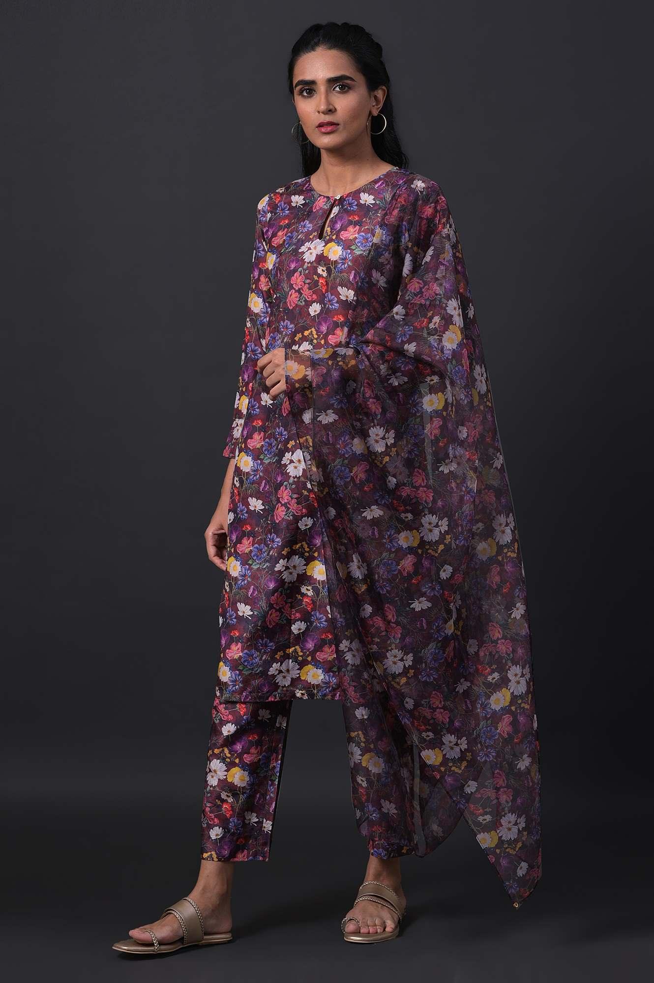 W for Woman Dark Red Floral Print kurta With Straight Pants And Organza Dupatta
