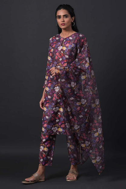 W for Woman Dark Red Floral Print kurta With Straight Pants And Organza Dupatta
