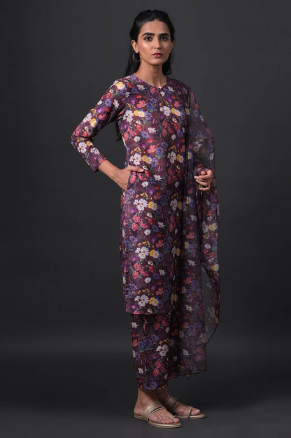 W for Woman Dark Red Floral Print kurta With Straight Pants And Organza Dupatta