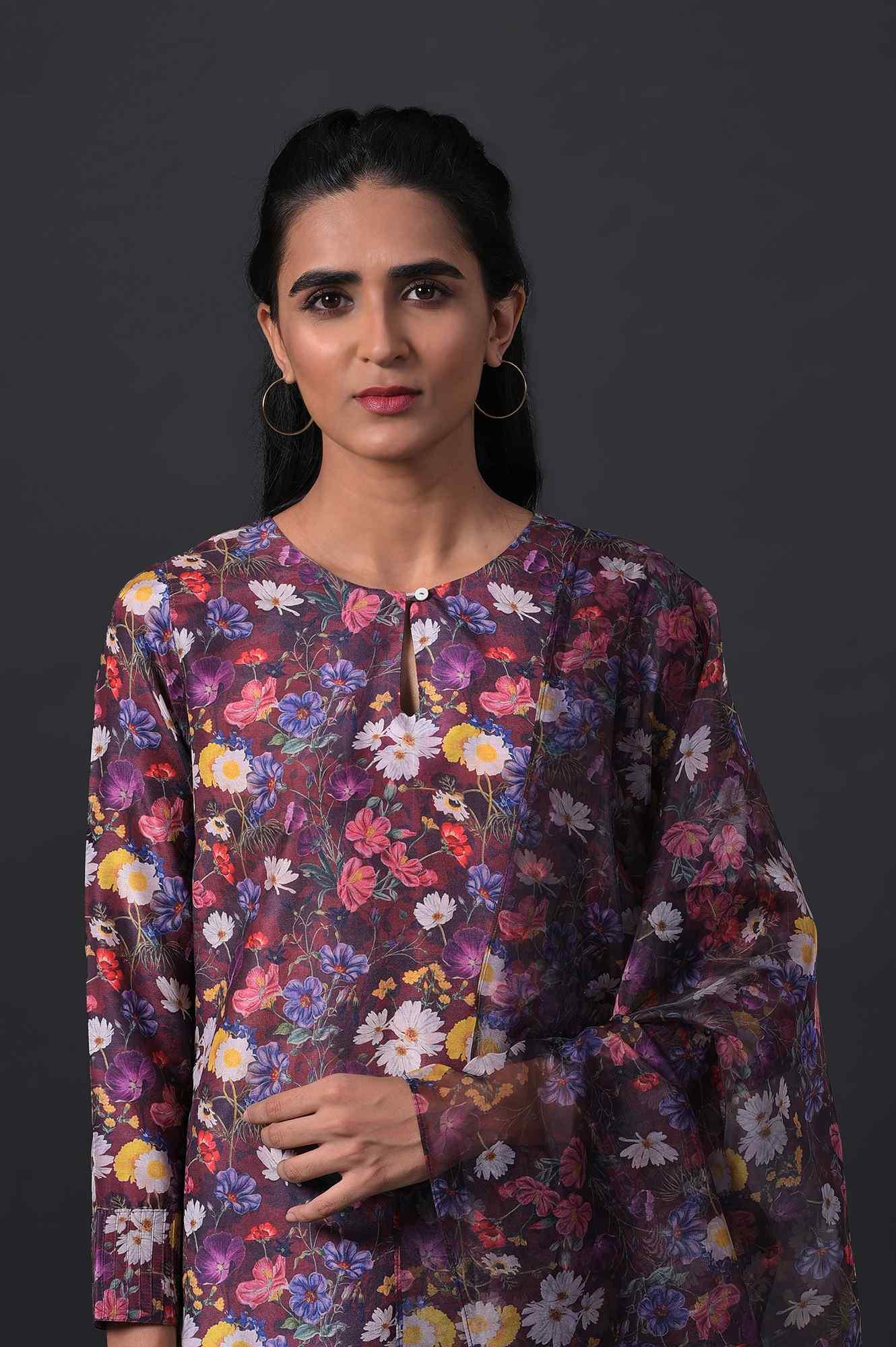 W for Woman Dark Red Floral Print kurta With Straight Pants And Organza Dupatta