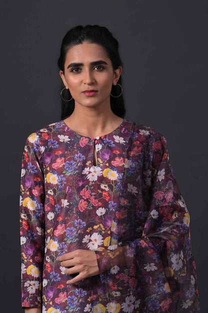 W for Woman Dark Red Floral Print kurta With Straight Pants And Organza Dupatta