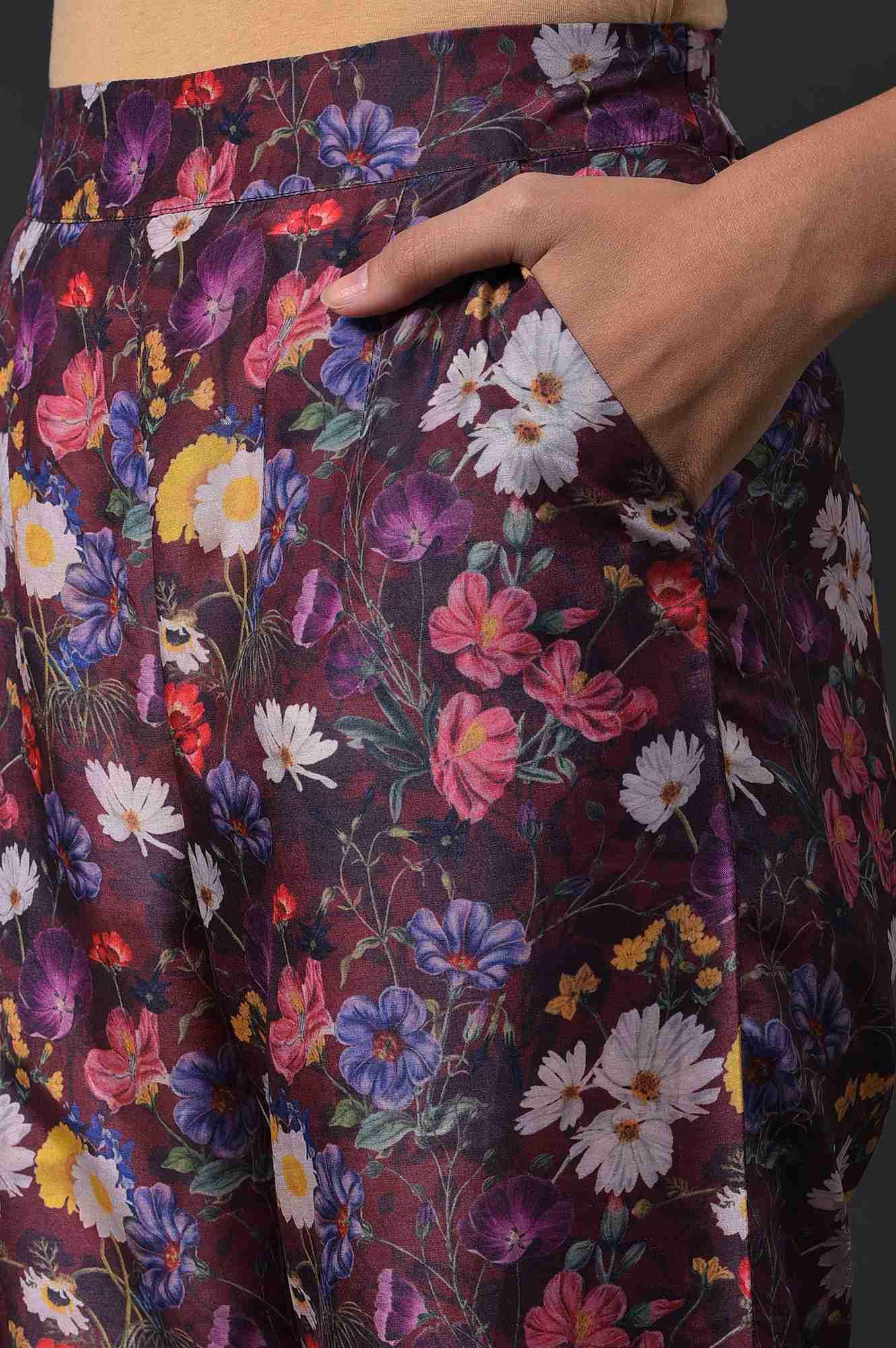 W for Woman Dark Red Floral Print kurta With Straight Pants And Organza Dupatta