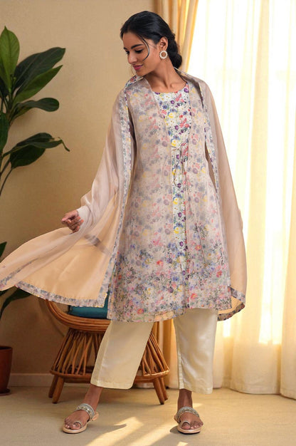 W for Woman Ecru Floral Print Jacket kurta Set
