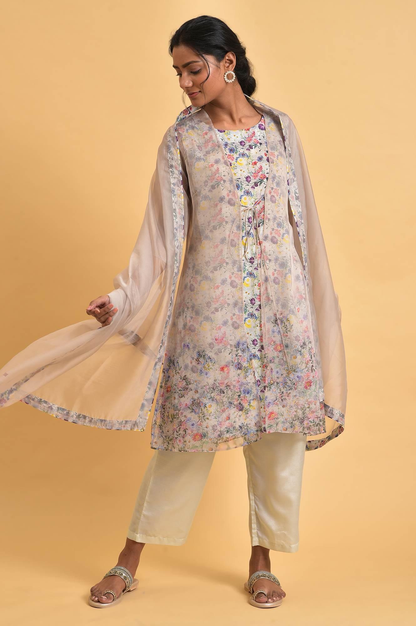 W for Woman Ecru Floral Print Jacket kurta Set