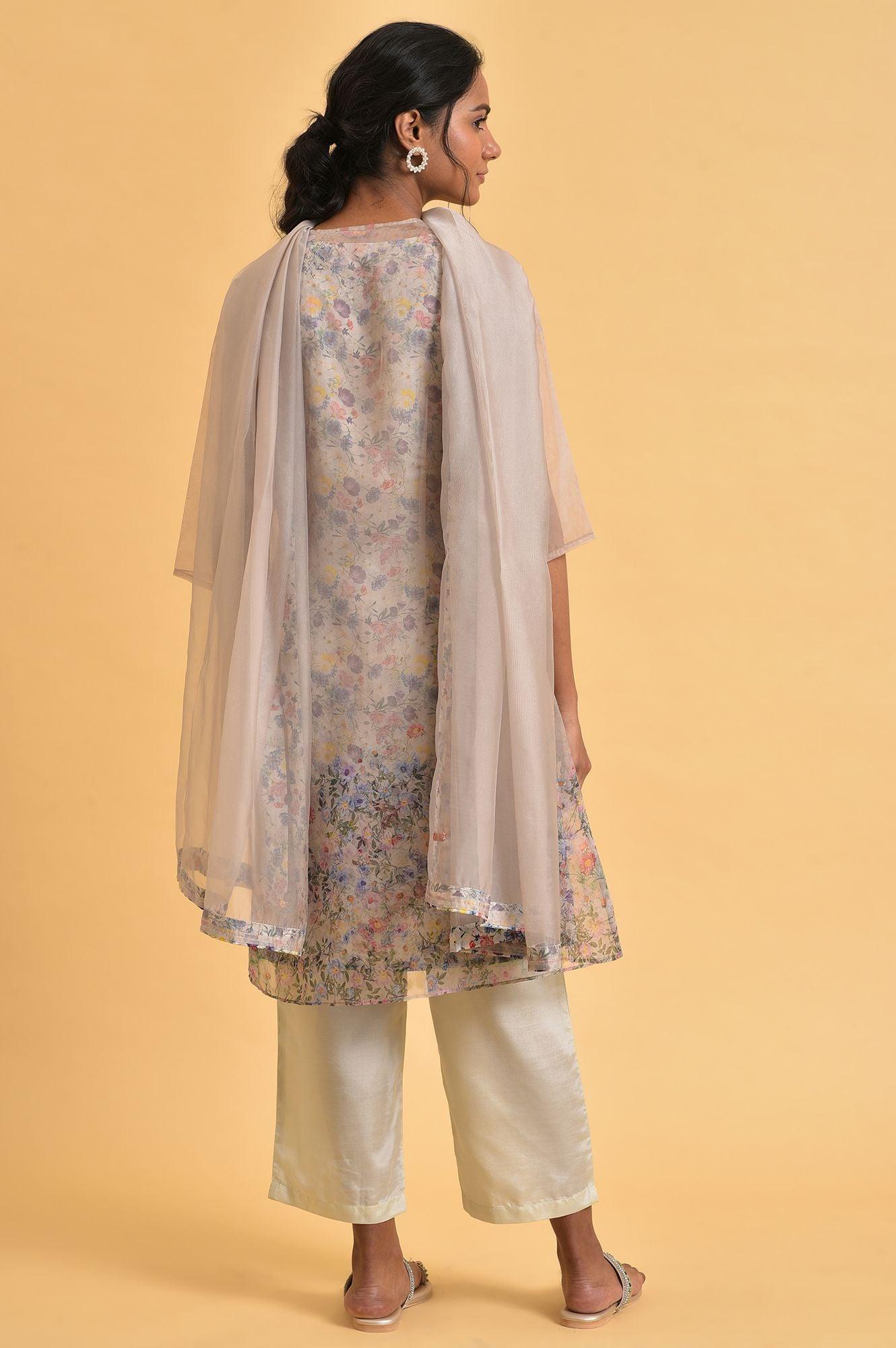W for Woman Ecru Floral Print Jacket kurta Set