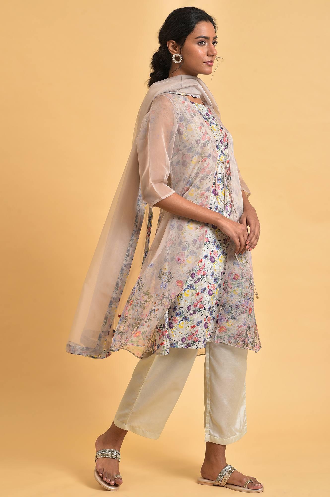 W for Woman Ecru Floral Print Jacket kurta Set