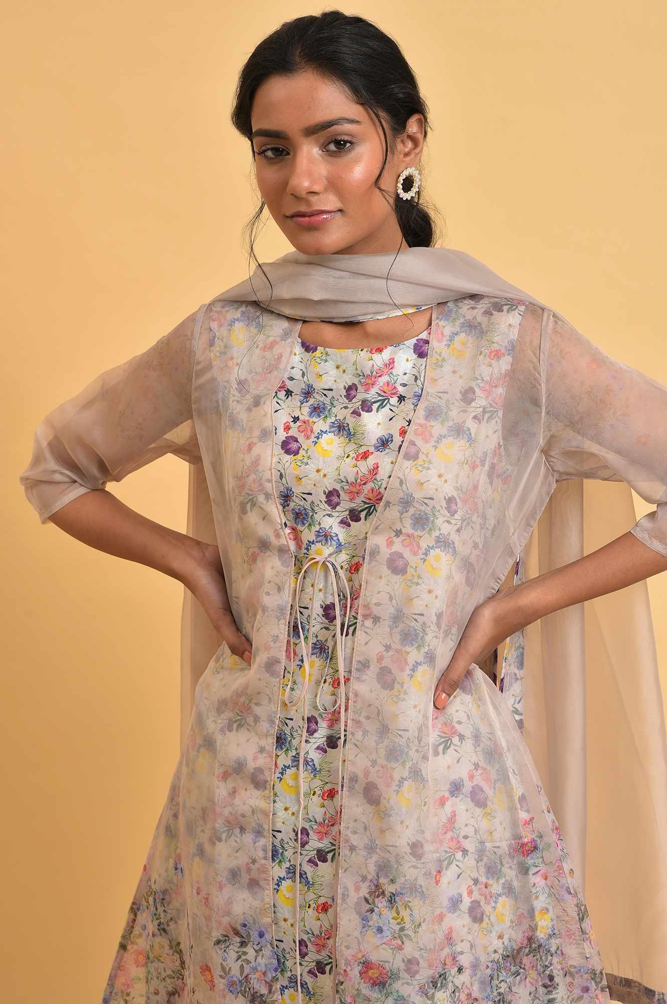 W for Woman Ecru Floral Print Jacket kurta Set