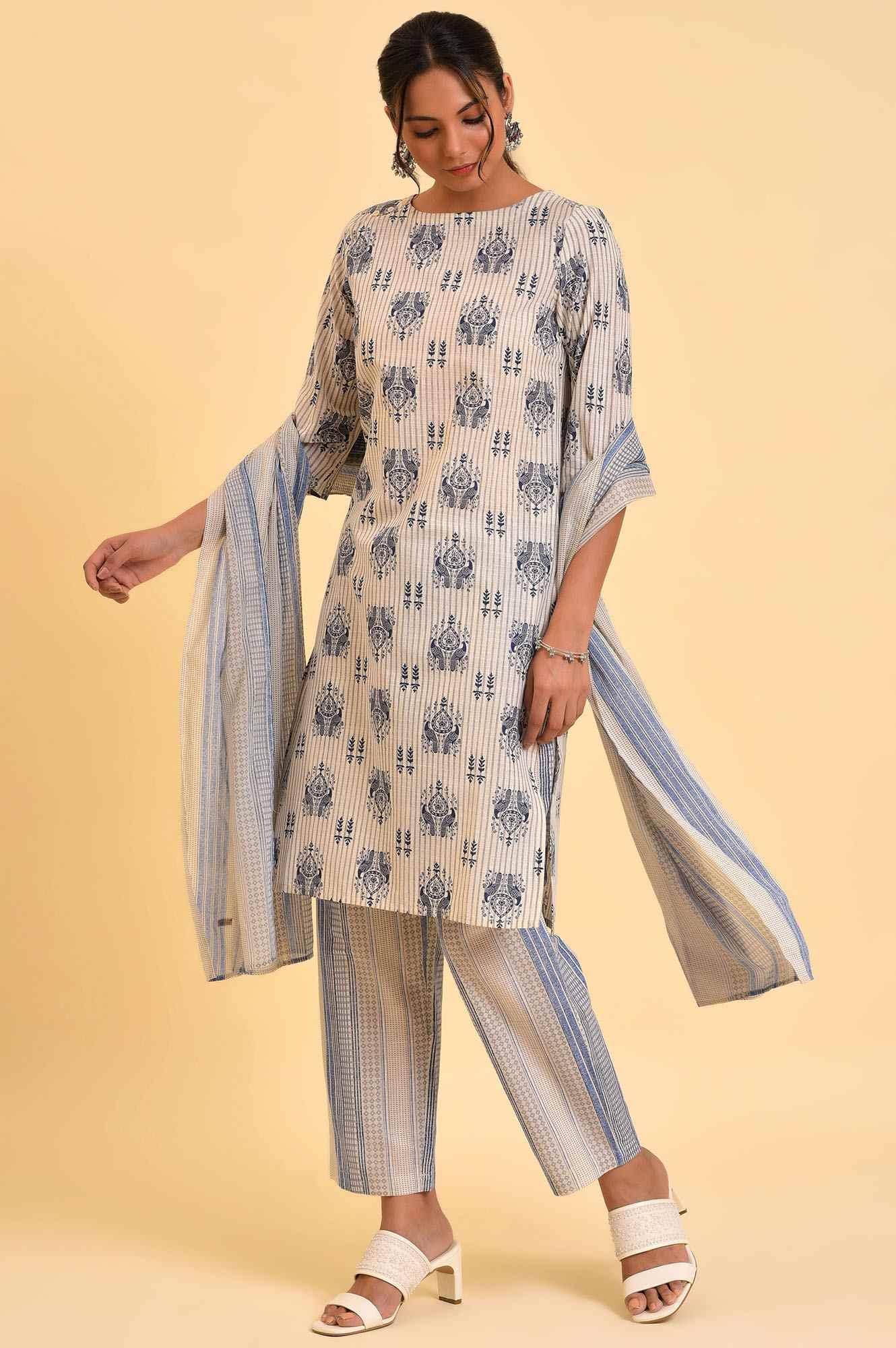 W for Woman Ecru Bird Printed kurta, Straight Pants And Dupatta Set