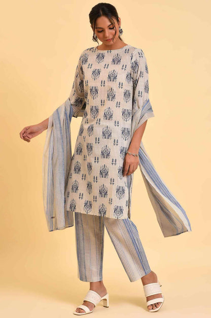 W for Woman Ecru Bird Printed kurta, Straight Pants And Dupatta Set