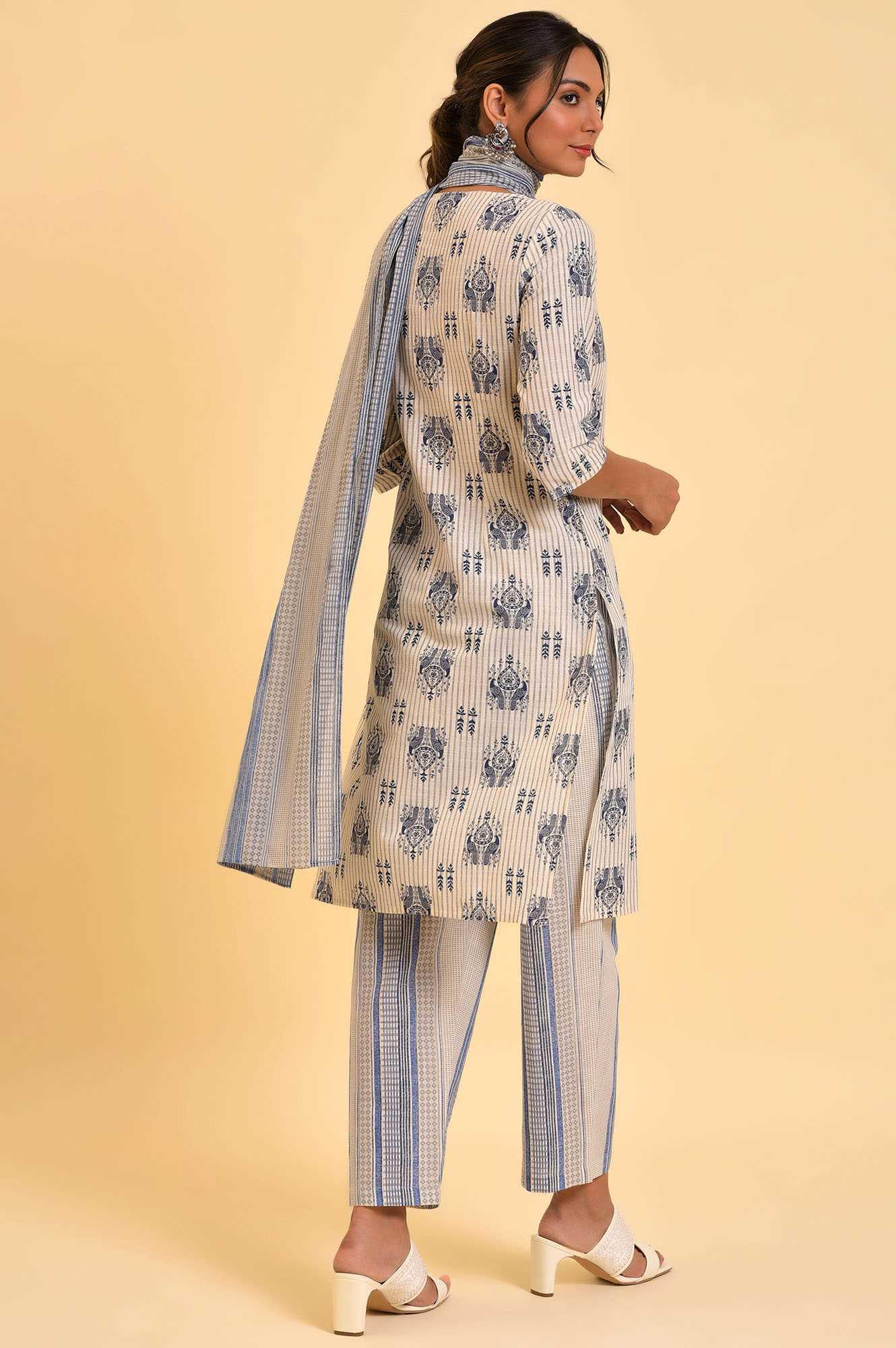 W for Woman Ecru Bird Printed kurta, Straight Pants And Dupatta Set