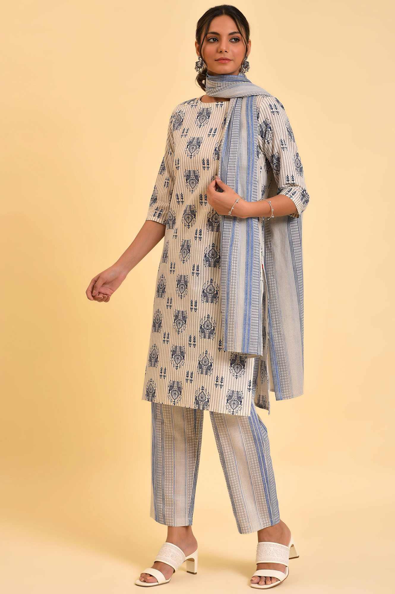 W for Woman Ecru Bird Printed kurta, Straight Pants And Dupatta Set