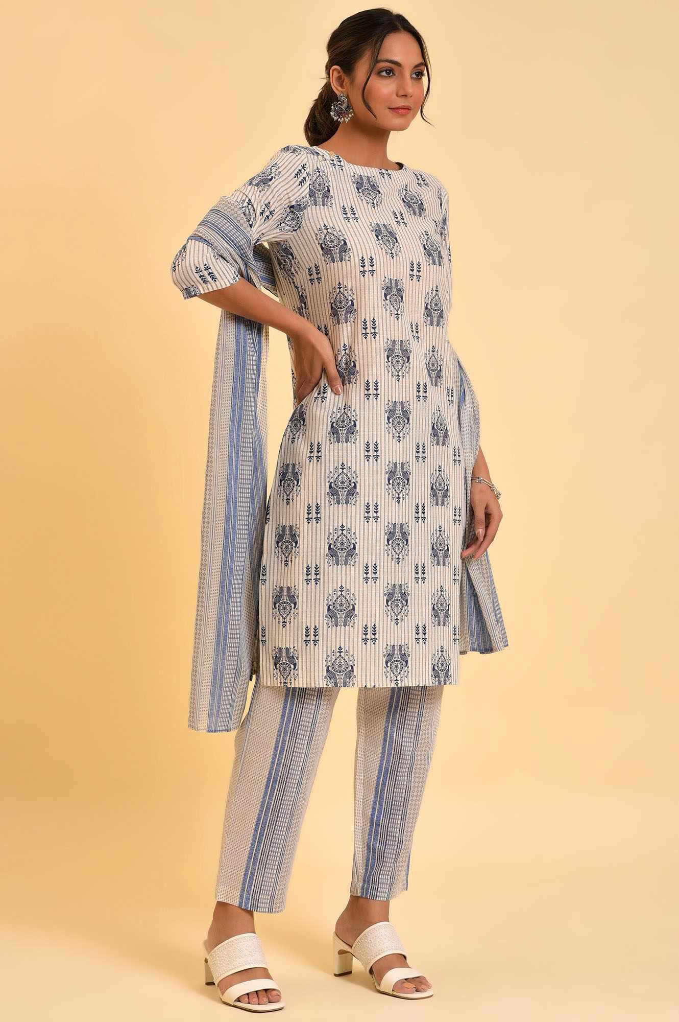 W for Woman Ecru Bird Printed kurta, Straight Pants And Dupatta Set