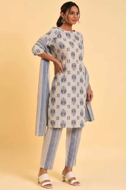 W for Woman Ecru Bird Printed kurta, Straight Pants And Dupatta Set