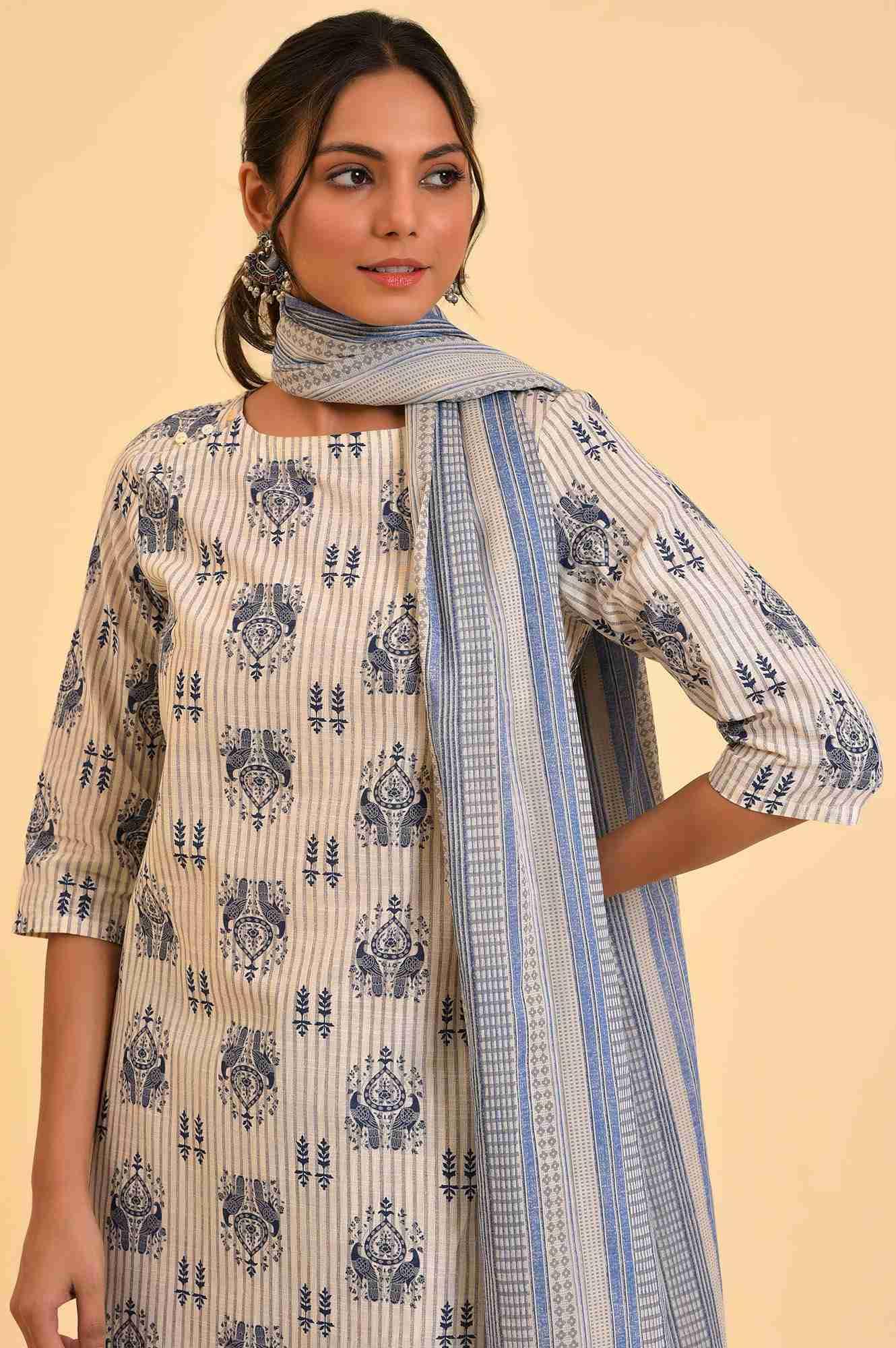 W for Woman Ecru Bird Printed kurta, Straight Pants And Dupatta Set
