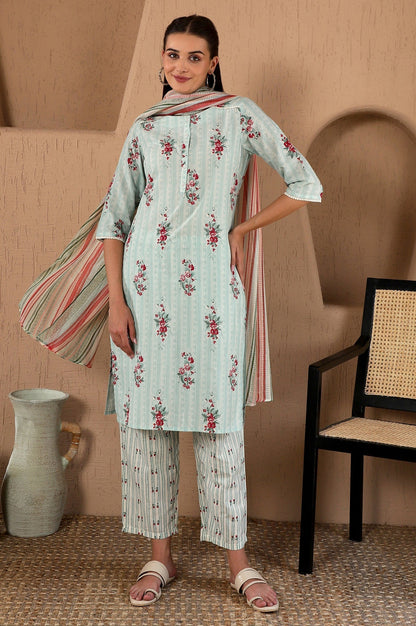 W for Woman Turquoise Green Floral Printed With Lace Pure Cotton Straight Kurta and Pants Set with Kota Dupatta