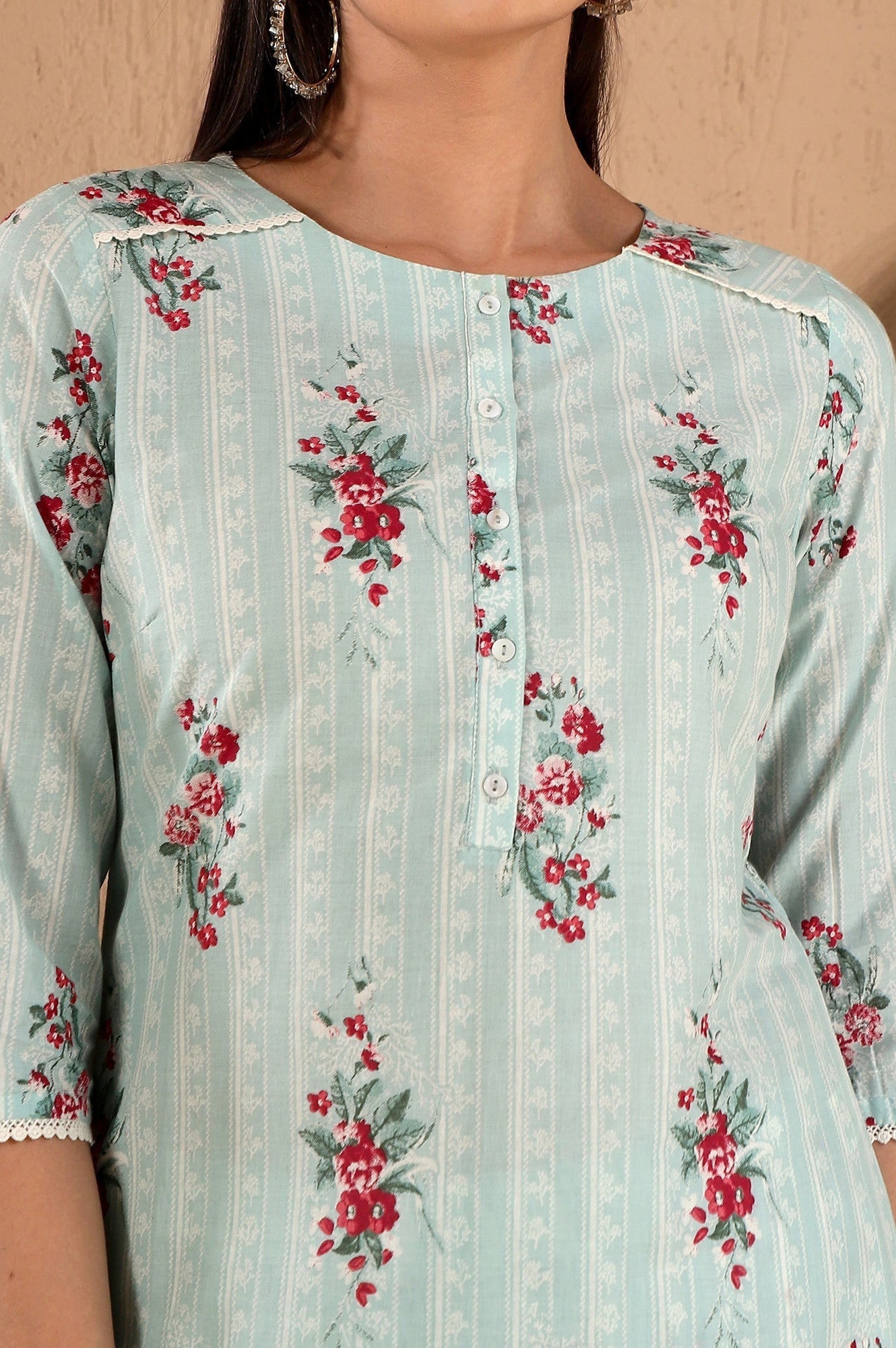 W for Woman Turquoise Green Floral Printed With Lace Pure Cotton Straight Kurta and Pants Set with Kota Dupatta