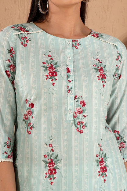 W for Woman Turquoise Green Floral Printed With Lace Pure Cotton Straight Kurta and Pants Set with Kota Dupatta