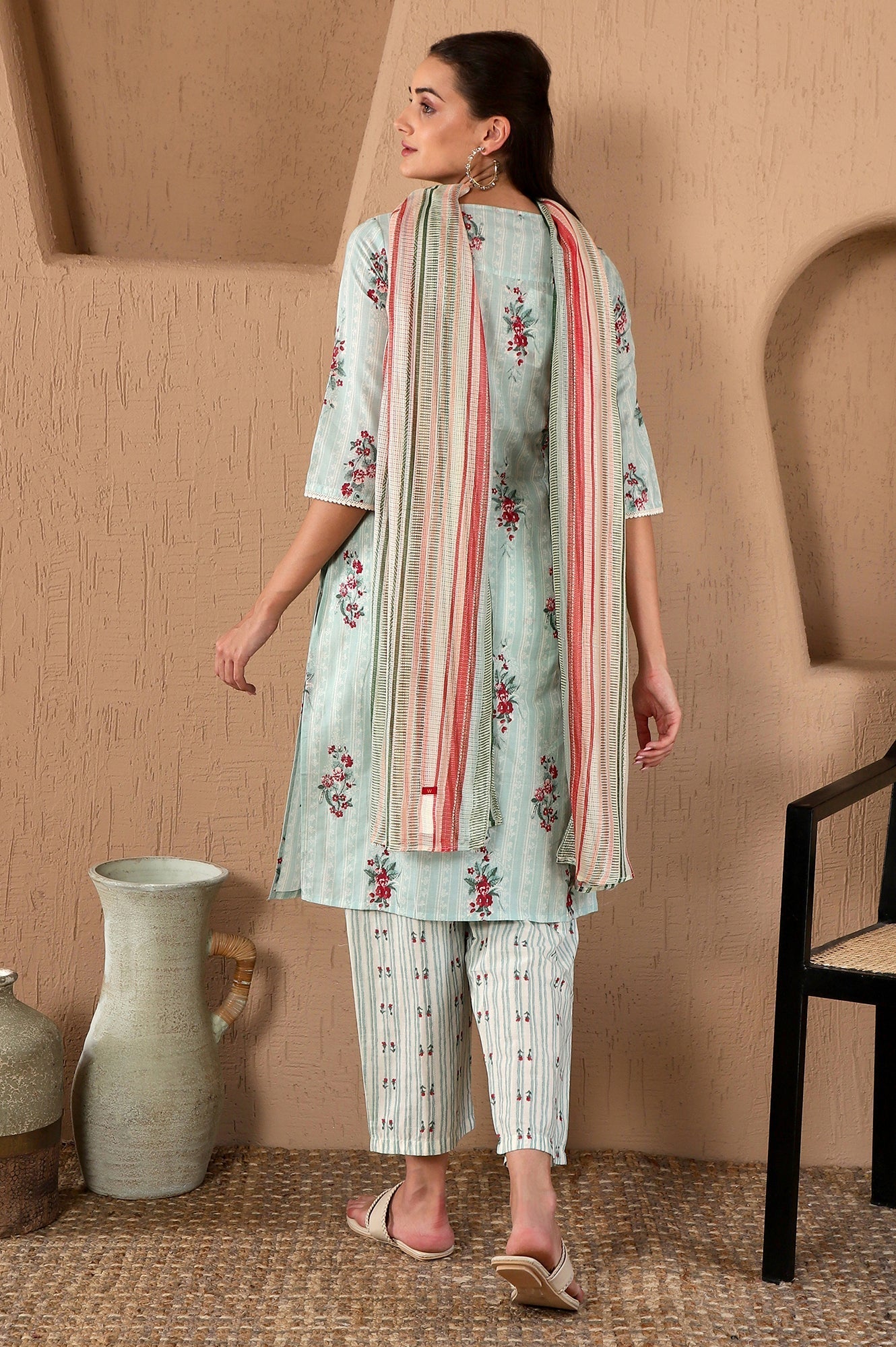 W for Woman Turquoise Green Floral Printed With Lace Pure Cotton Straight Kurta and Pants Set with Kota Dupatta