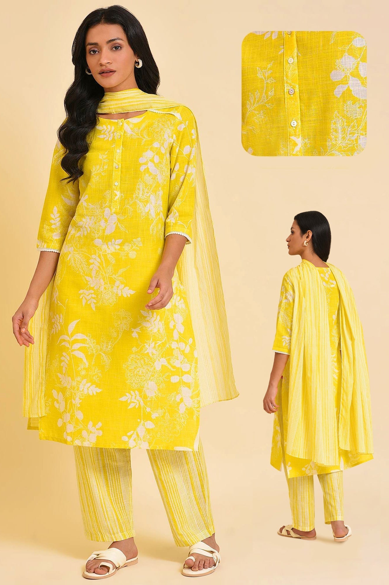 W for Woman Yellow Floral Printed Pure Cotton Lace Kurta and Pants Set with Dupatta