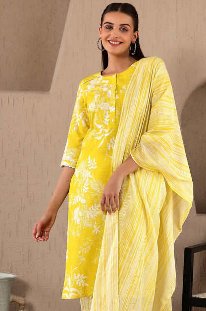 W for Woman Yellow Floral Printed Pure Cotton Lace Kurta and Pants Set with Dupatta