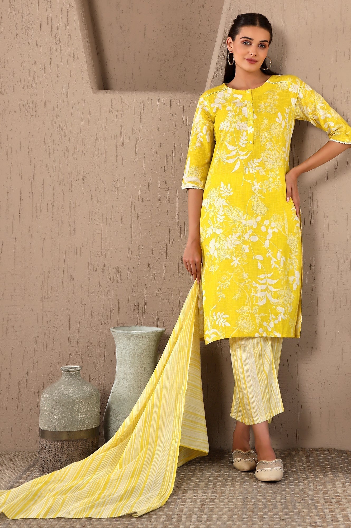 W for Woman Yellow Floral Printed Pure Cotton Lace Kurta and Pants Set with Dupatta