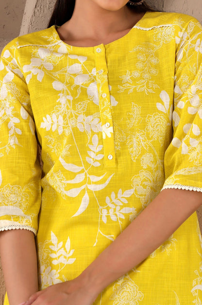 W for Woman Yellow Floral Printed Pure Cotton Lace Kurta and Pants Set with Dupatta