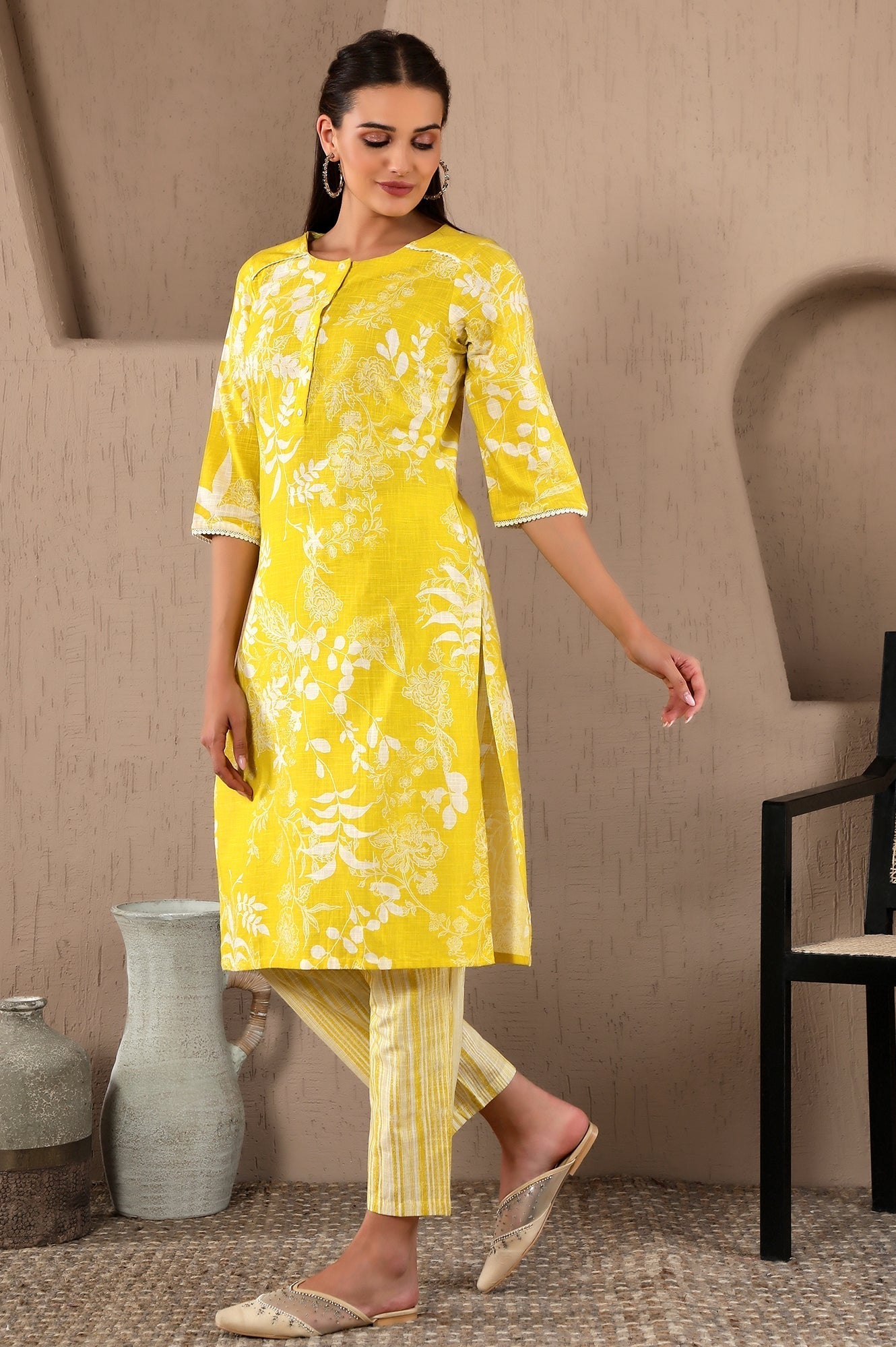 W for Woman Yellow Floral Printed Pure Cotton Lace Kurta and Pants Set with Dupatta