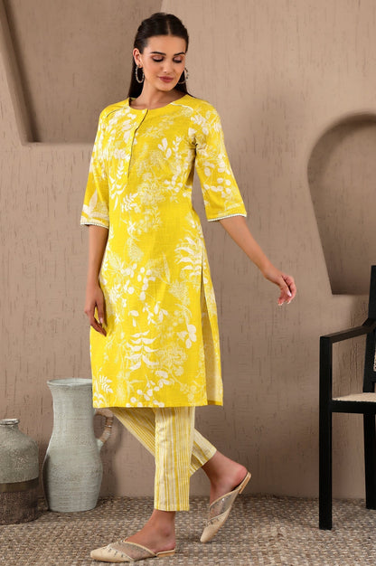 W for Woman Yellow Floral Printed Pure Cotton Lace Kurta and Pants Set with Dupatta