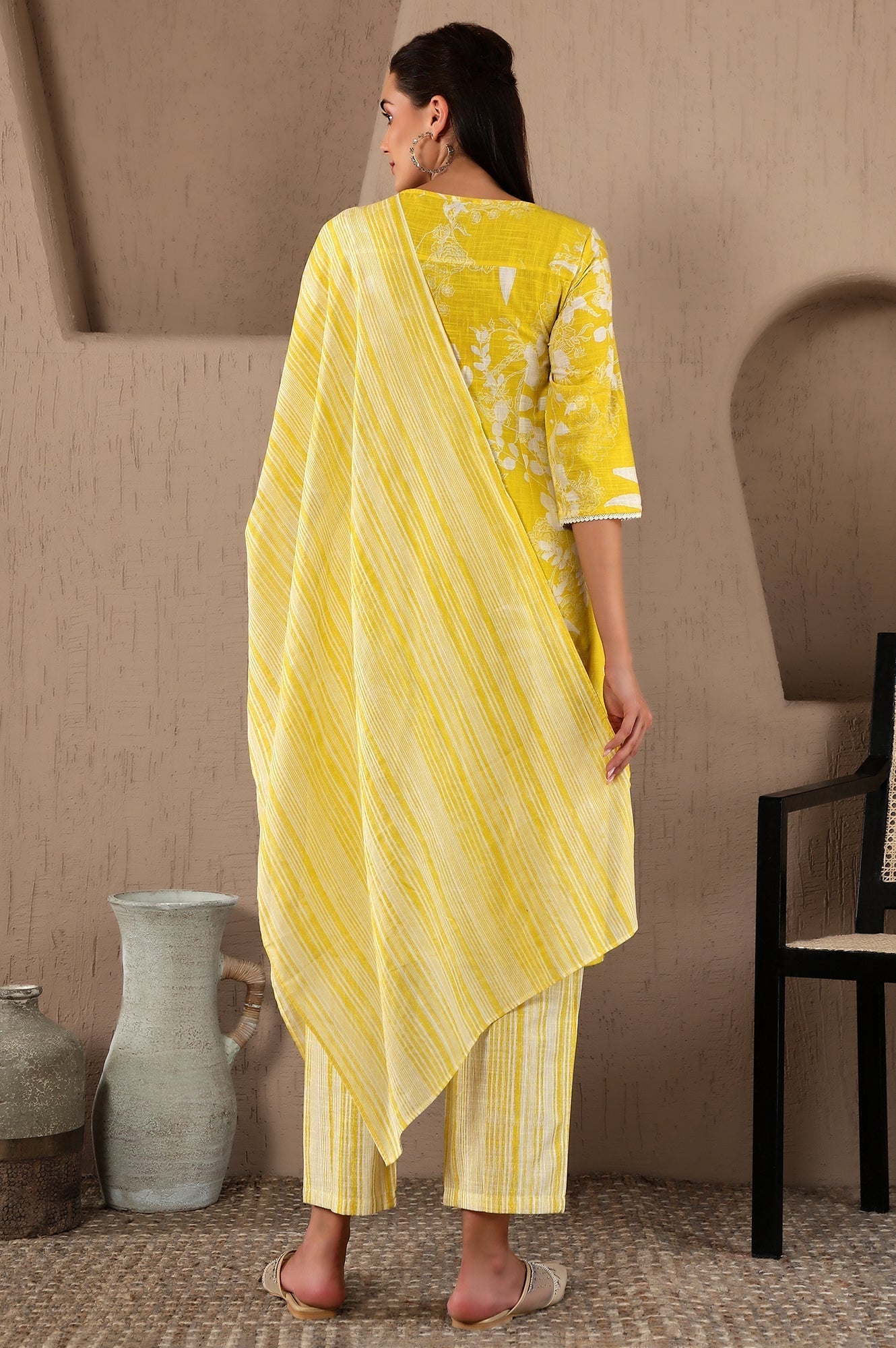 W for Woman Yellow Floral Printed Pure Cotton Lace Kurta and Pants Set with Dupatta