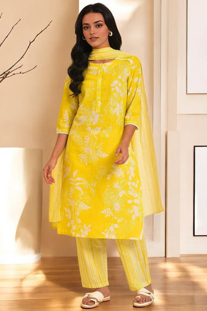 W for Woman Yellow Floral Printed Pure Cotton Lace Kurta and Pants Set with Dupatta