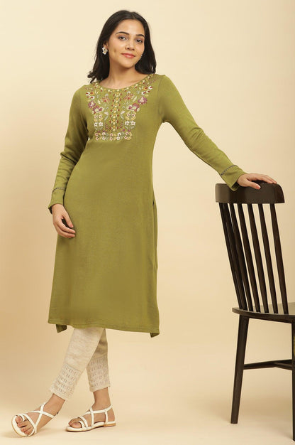 W for Woman Olive Green Embroidered Acrylic Winter Kurta