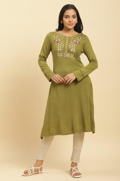 W for Woman Olive Green Embroidered Acrylic Winter Kurta