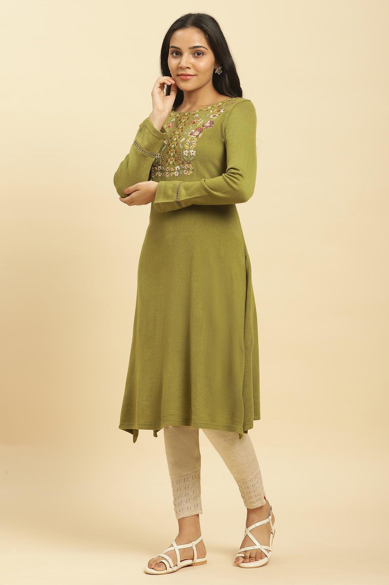 W for Woman Olive Green Embroidered Acrylic Winter Kurta