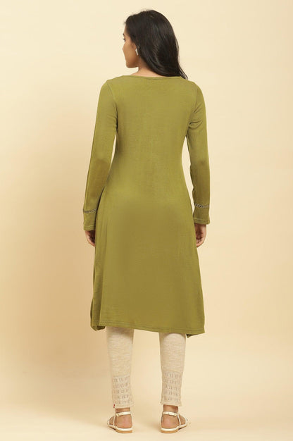 W for Woman Olive Green Embroidered Acrylic Winter Kurta