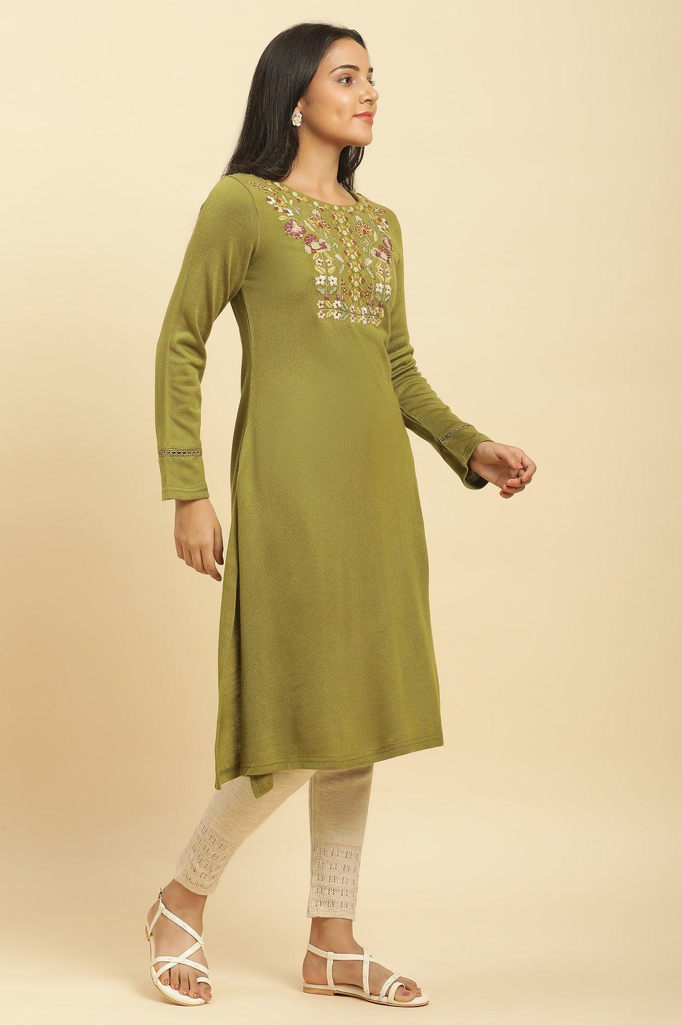 W for Woman Olive Green Embroidered Acrylic Winter Kurta