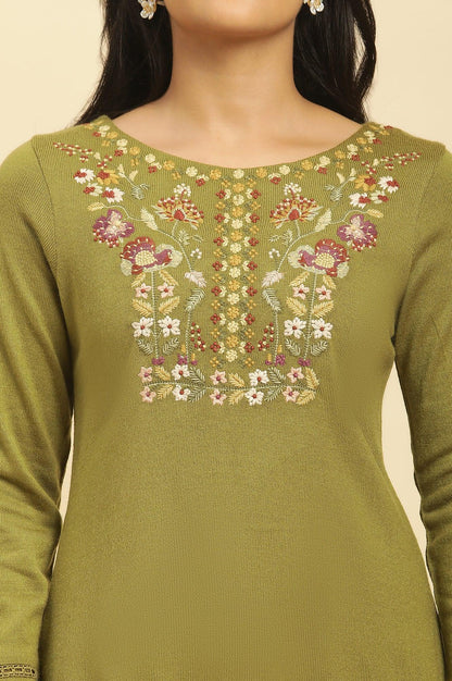 W for Woman Olive Green Embroidered Acrylic Winter Kurta