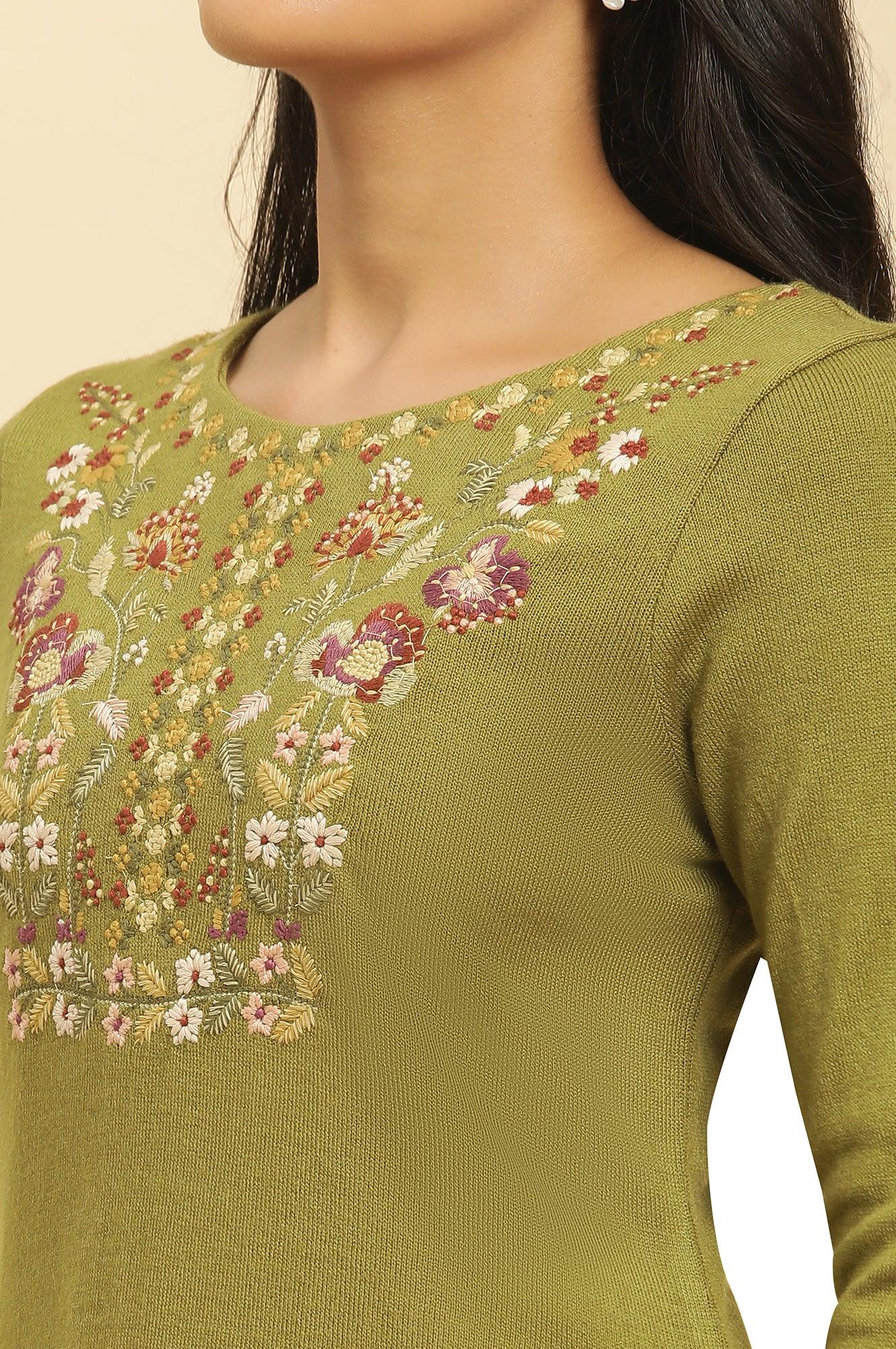 W for Woman Olive Green Embroidered Acrylic Winter Kurta