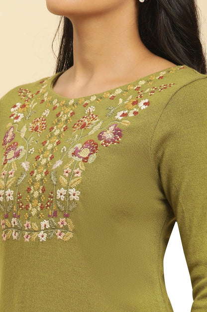 W for Woman Olive Green Embroidered Acrylic Winter Kurta