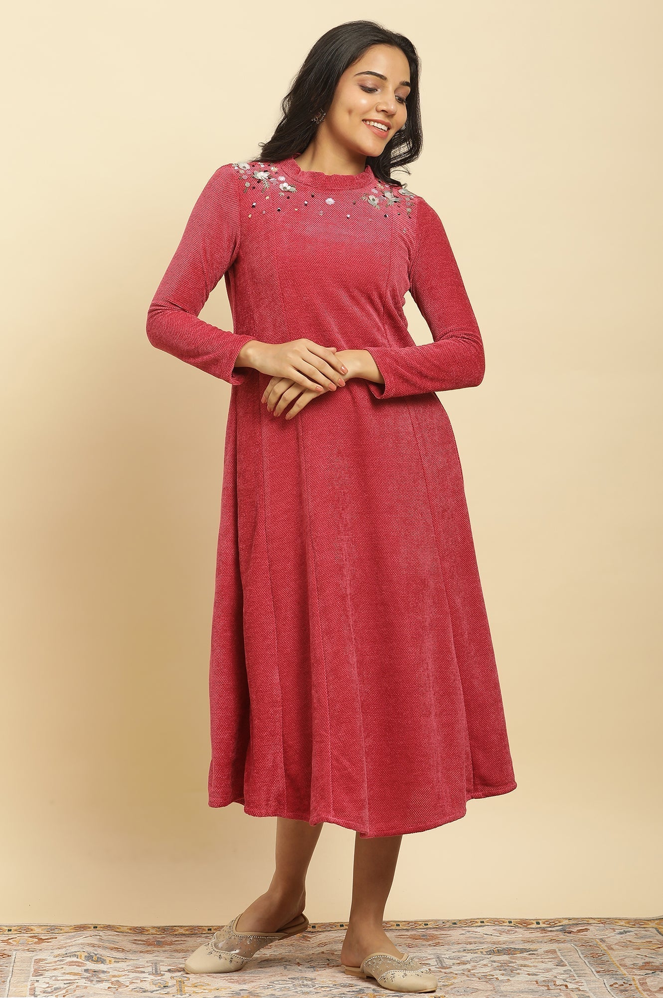 W for Woman Red Embellished Winter Flared Dress