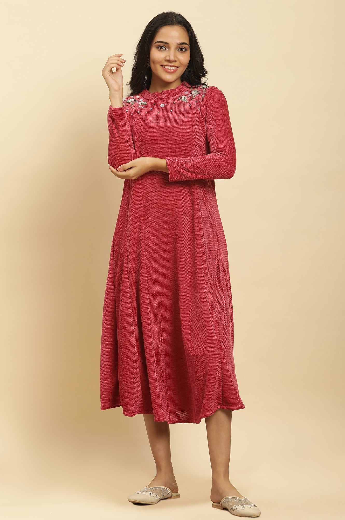 W for Woman Red Embellished Winter Flared Dress